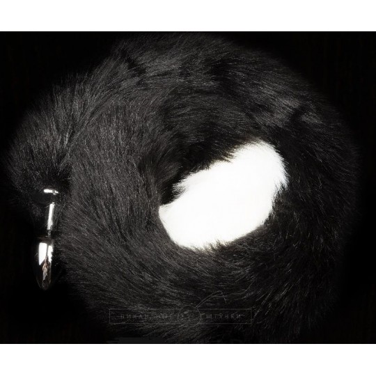 Серебристая анальная пробка с длинным черным хвостиком (цвет -черный) (100154) фото 1