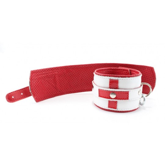 Бело-красные кожаные наручники для медсестры (цвет -белый с красным) (105379) фото 3