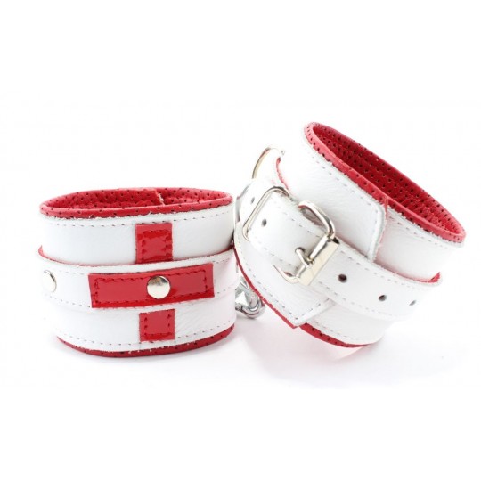 Бело-красные кожаные наручники для медсестры (цвет -белый с красным) (105379) фото 1
