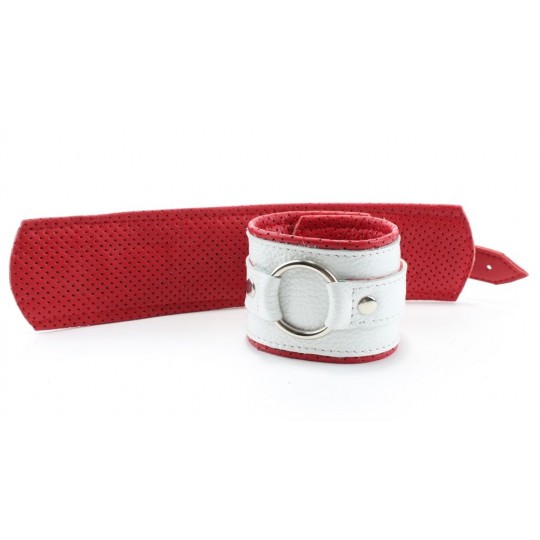 Бело-красные кожаные наручники с кольцом (цвет -белый с красным) (105380) фото 3