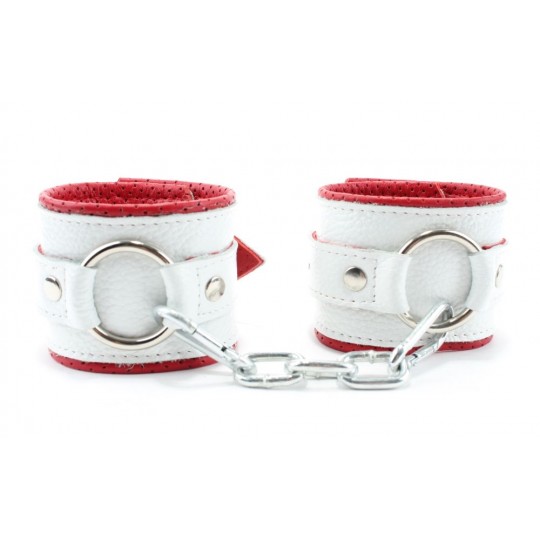 Бело-красные кожаные наручники с кольцом (цвет -белый с красным) (105380) фото 2