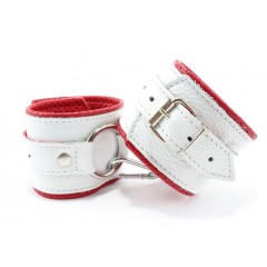 Бело-красные кожаные наручники с кольцом (цвет -белый с красным) (105380)