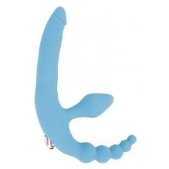 Голубой безремневой страпон с анальным отростком и вибрацией - 15 см. (цвет -голубой) (107520)