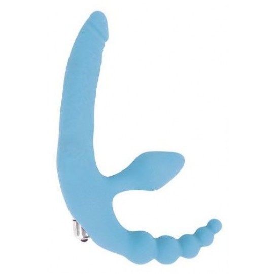 Голубой безремневой страпон с анальным отростком и вибрацией - 15 см. (цвет -голубой) (107520) фото 1