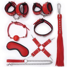 Пикантный красно-черный набор БДСМ: маска, ошейник, кляп, фиксатор, наручники, оковы, плеть (цвет -красный с черным) (108421)