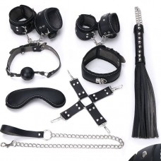 Пикантный черный набор БДСМ: маска, ошейник, кляп, фиксатор, наручники, оковы, плеть (цвет -черный) (108423)
