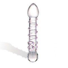 Прозрачный стеклянный фаллос с розовой спиралькой и массажными пупырышками - 18 см. (цвет -прозрачный) (11660)