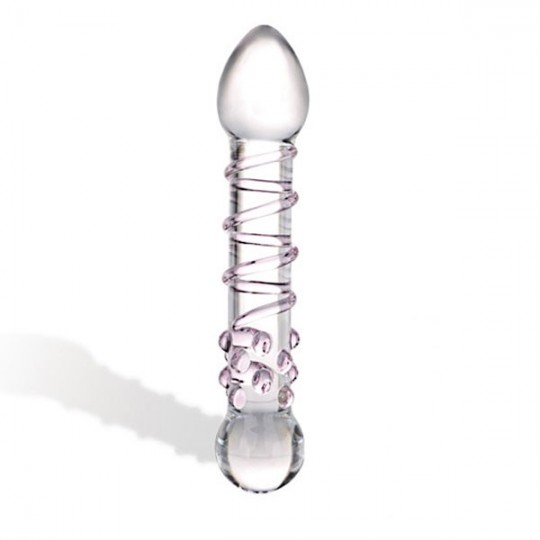 Прозрачный стеклянный фаллос с розовой спиралькой и массажными пупырышками - 18 см. (цвет -прозрачный) (11660) фото 1