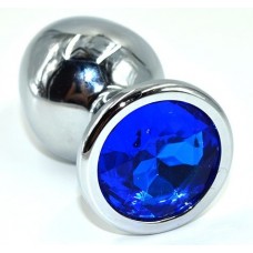 Серебристая анальная пробка из нержавеющей стали с синим кристаллом - 8,5 см. (цвет -синий) (119601)
