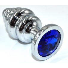 Серебристая анальная пробка из нержавеющей стали с синим кристаллом - 8,8 см.  (цвет -синий) (119606)
