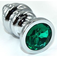Серебристая анальная пробка из нержавеющей стали с зеленым кристаллом - 8,8 см.  (цвет -зеленый) (119607)
