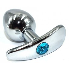 Серебристая анальная пробка для ношения из нержавеющей стали с голубым кристаллом - 8 см. (цвет -голубой) (119609)
