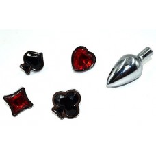 Набор из серебристой анальной пробки из нержавеющей стали и 4 кристаллов в форме мастей - 7,6 см. (цвет -черный с красным) (119612)
