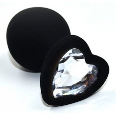 Черная анальная силиконовая пробка с прозрачным кристаллом в форме сердца - 8,8 см. (цвет -прозрачный) (119616)