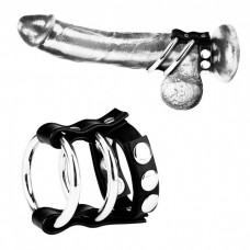 Двойное металлическое кольцо на пенис с регулируемым ремешком (цвет -черный с серебристым) (120014)