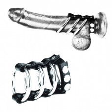 Тройное металлическое кольцо на пенис с регулируемым ремешком (цвет -черный с серебристым) (120015)