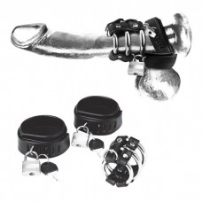 Комплект для мошонки и члена с 2 кольцами с замочками (цвет -черный с серебристым) (120137)