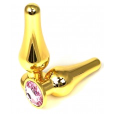 Золотистая удлиненная анальная пробка с нежно-розовым кристаллом - 11,5 см. (цвет -нежно-розовый) (134038)