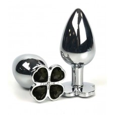 Серебристая анальная втулка с клевером из черных кристаллов - 8 см. (цвет -черный) (134319)