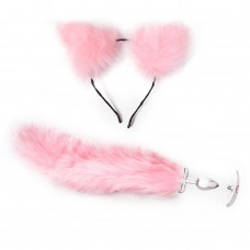 Розовый игровой набор: ободок с ушками и анальная пробка с хвостиком (цвет -розовый) (150240)