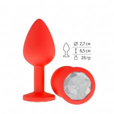 Красная анальная втулка с прозрачным кристаллом - 7,3 см. (цвет -прозрачный) (80376)