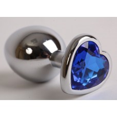 Серебристая анальная пробка с синим кристаллом-сердцем - 9 см. (цвет -синий) (80541)