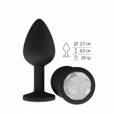 Чёрная анальная втулка с прозрачным кристаллом - 7,3 см.  (цвет -прозрачный) (85519)
