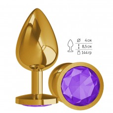 Золотистая большая анальная пробка с фиолетовым кристаллом - 9,5 см. (цвет -фиолетовый) (85596)