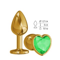 Золотистая анальная втулка с зеленым кристаллом-сердцем - 7 см. (цвет -зеленый) (86942)
