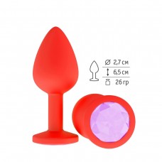 Красная анальная втулка с сиреневым кристаллом - 7,3 см.  (цвет -сиреневый) (87176)
