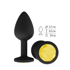 Чёрная анальная втулка с жёлтым кристаллом - 7,3 см.  (цвет -желтый) (87177)