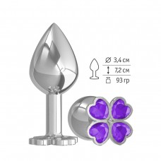 Средняя серебристая анальная втулка с клевером из фиолетовых кристаллов - 8,5 см. (цвет -фиолетовый) (94670)